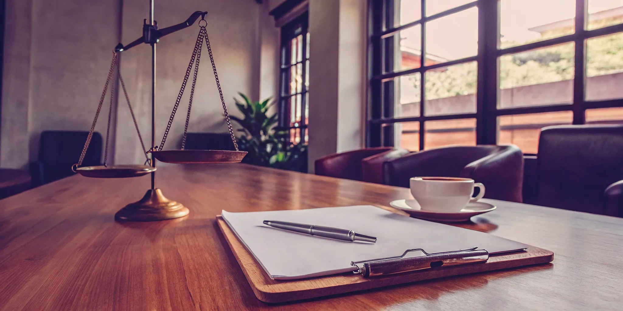A neat document folder labeled 'Settlement' on a wooden table in a professional legal office