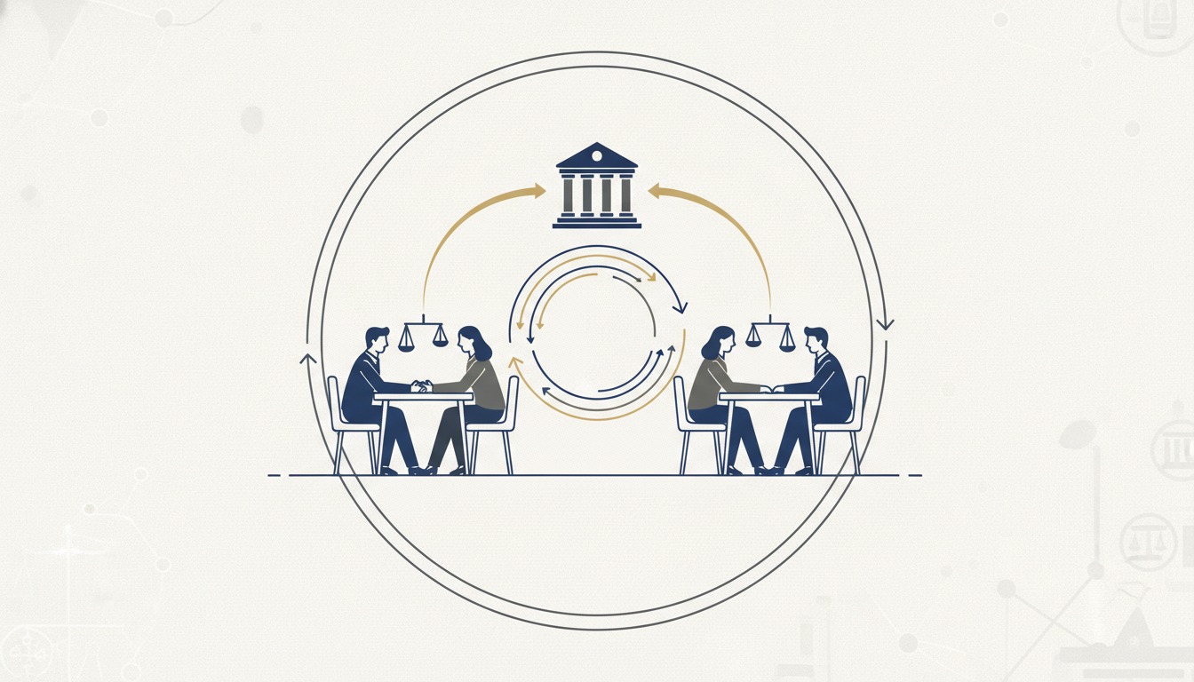 Editorial illustration of recycled capital connecting attorney-client consultations through a circular legal funding model