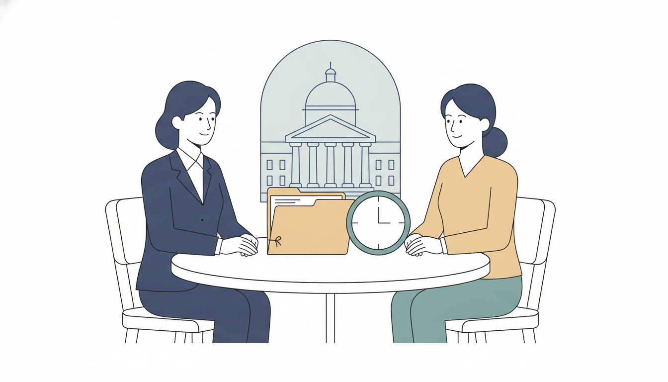 Attorney and plaintiff reviewing a settlement delay with a clock and settlement file