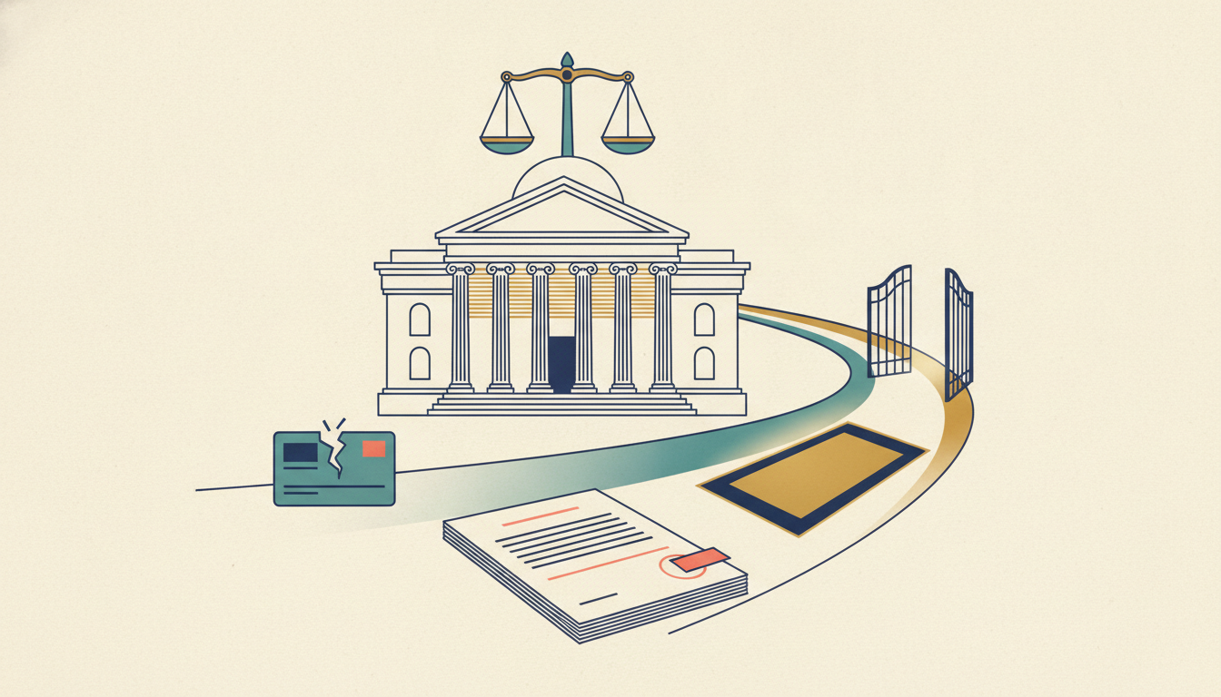 Thin-line illustration of a courthouse, justice scale, and settlement document representing fair settlement funding