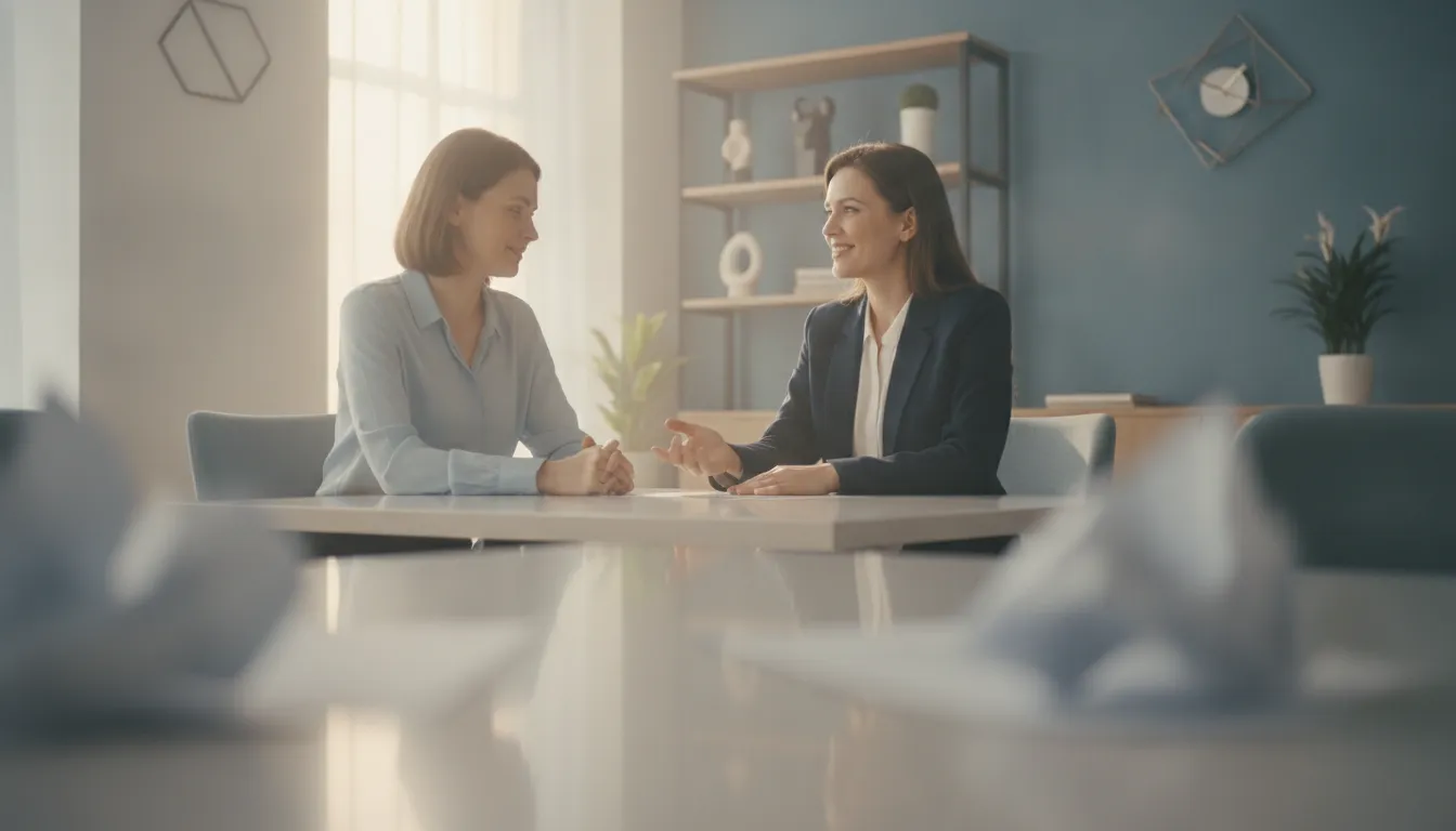 A plaintiff meeting with an attorney in a bright, modern office to review fair litigation funding options
