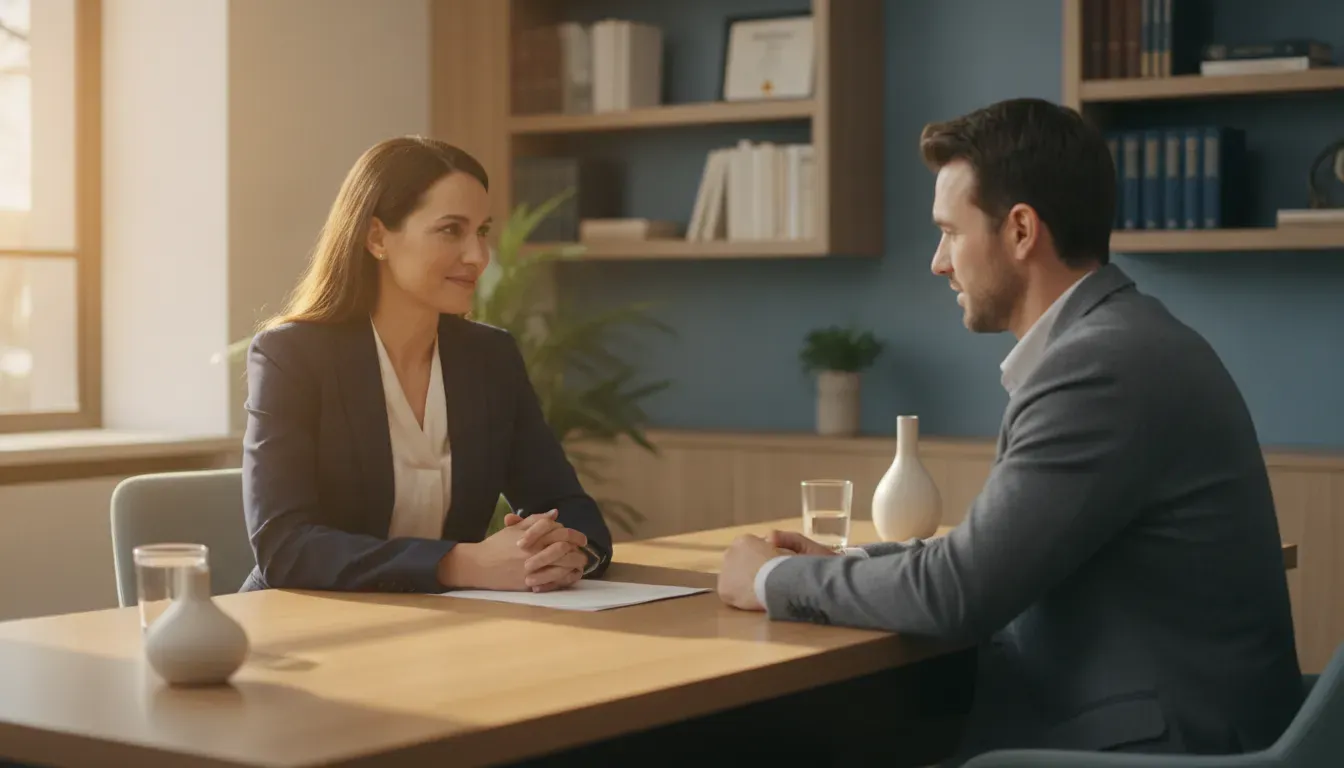 An attorney in a bright, professional office calmly discussing funding options with a client