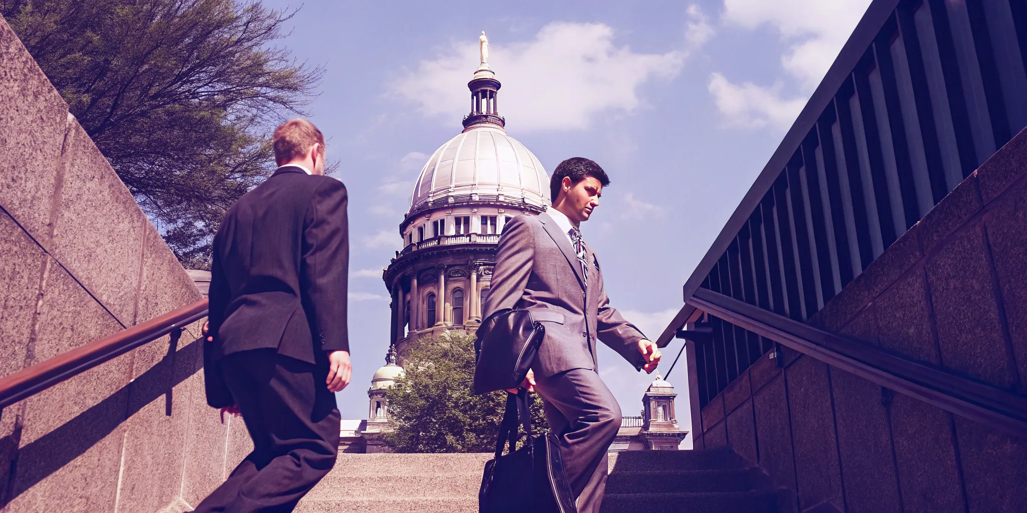 Illinois state capitol building dome with attorneys walking on courthouse steps, sunny professional legal atmosphere