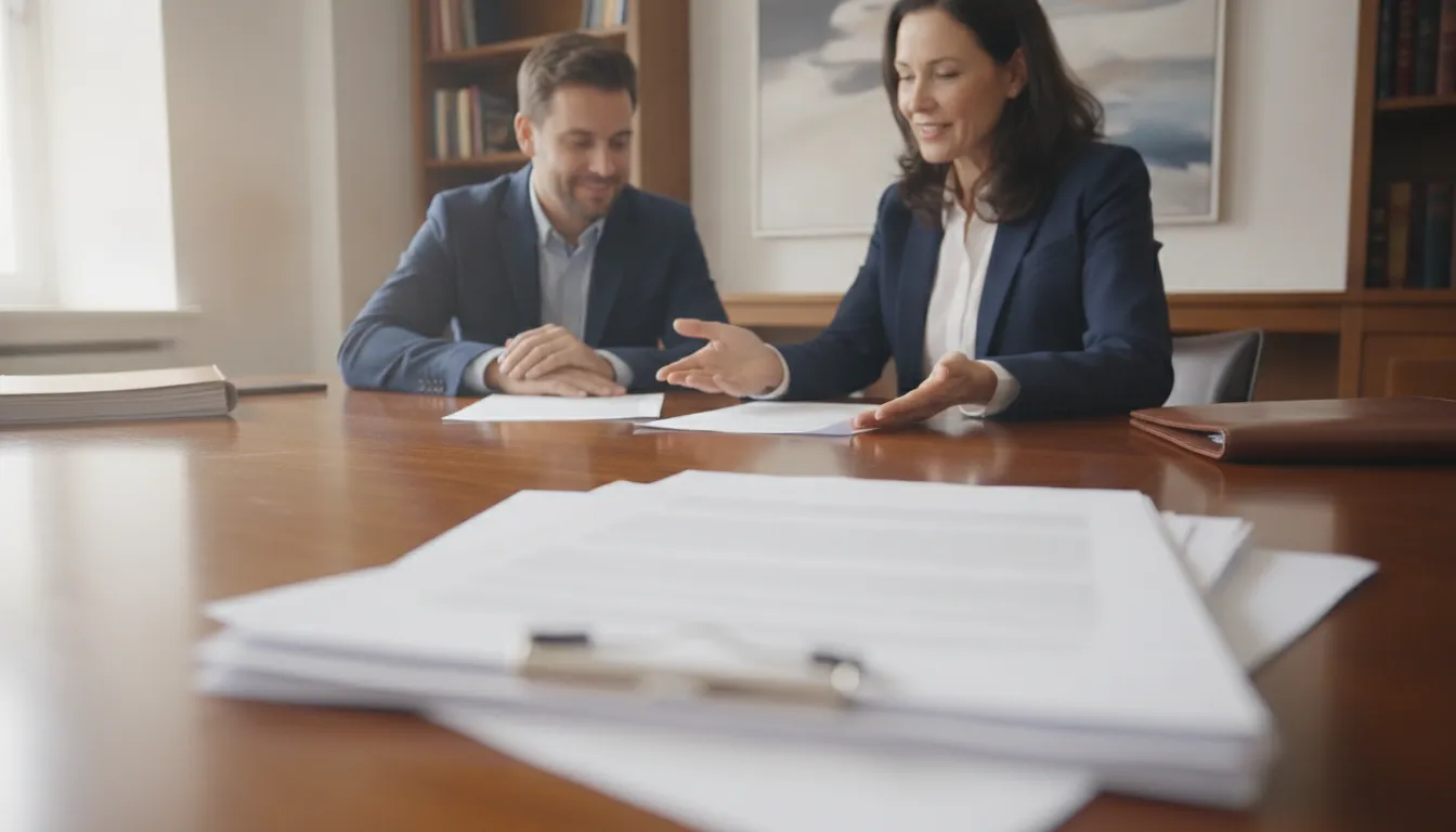 Attorney and client reviewing settlement documents together in a bright office