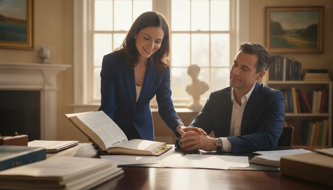 Attorney and client reviewing case documents together in a bright, professional law office