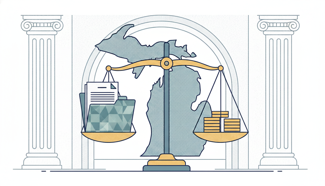 Illustration of Michigan litigation funding rules with a justice scale, legal documents, and the Michigan map