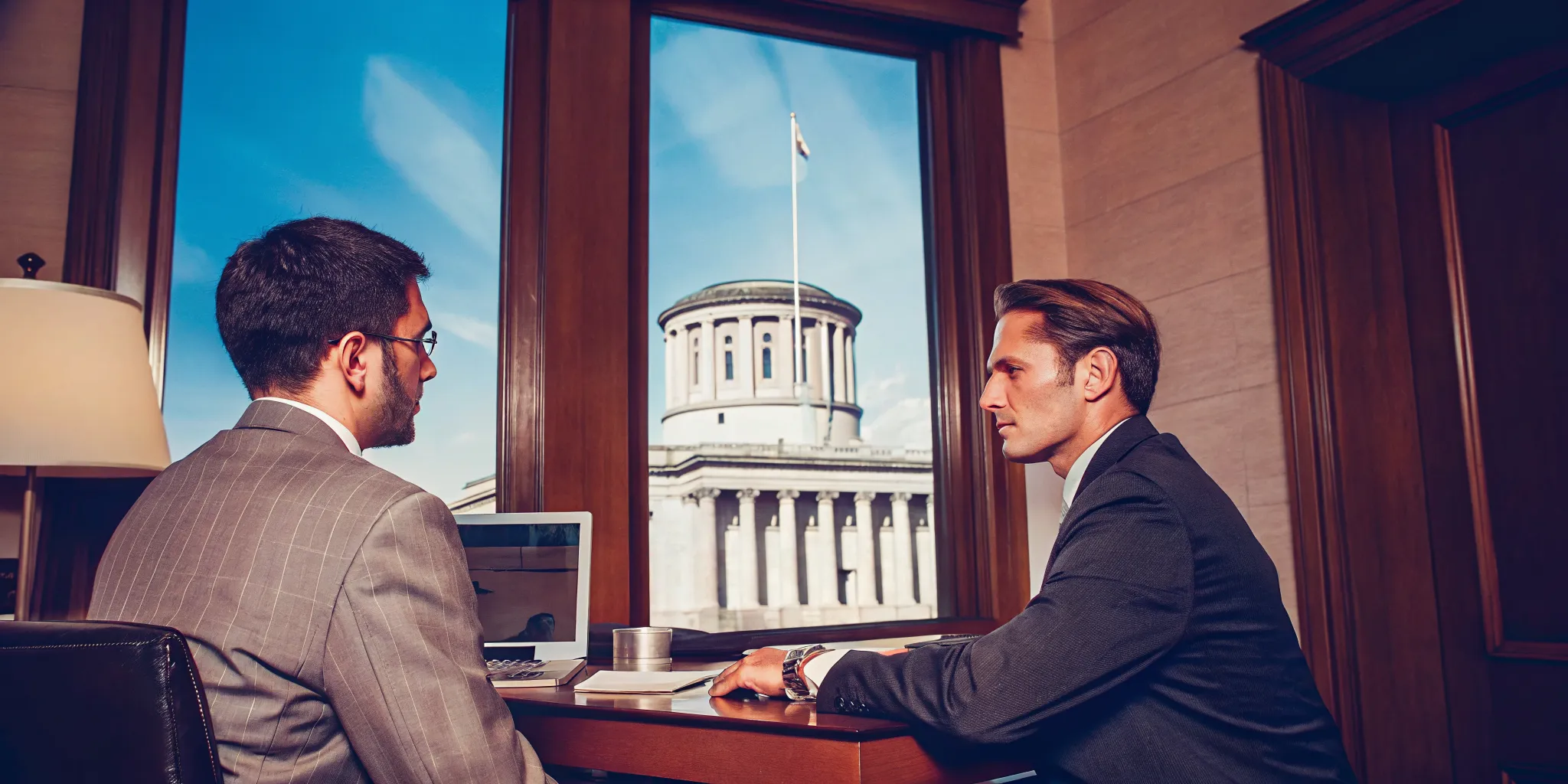 Plaintiff attorney and client consulting in a professional law office with Ohio statehouse visible through window
