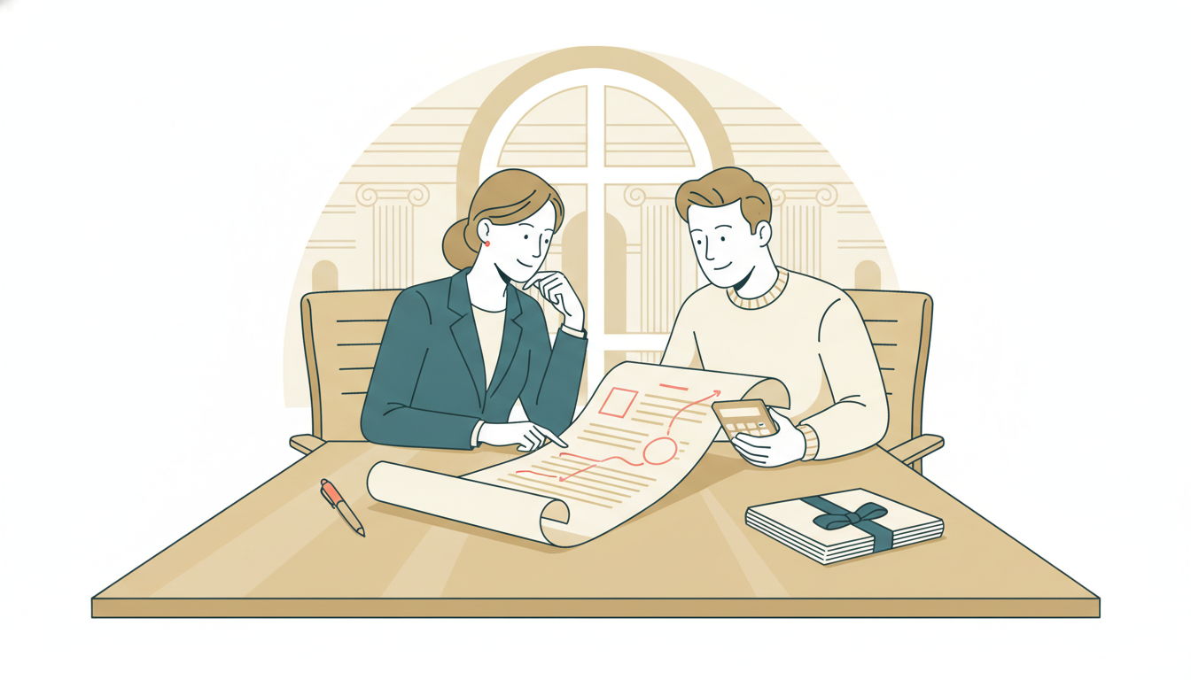 Attorney and plaintiff reviewing simple-interest settlement funding options at a legal consultation