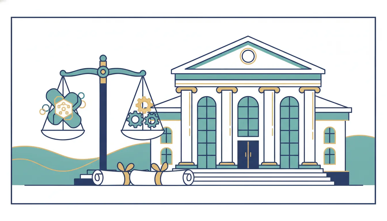 California courthouse and balanced scales beside a consumer litigation funding contract