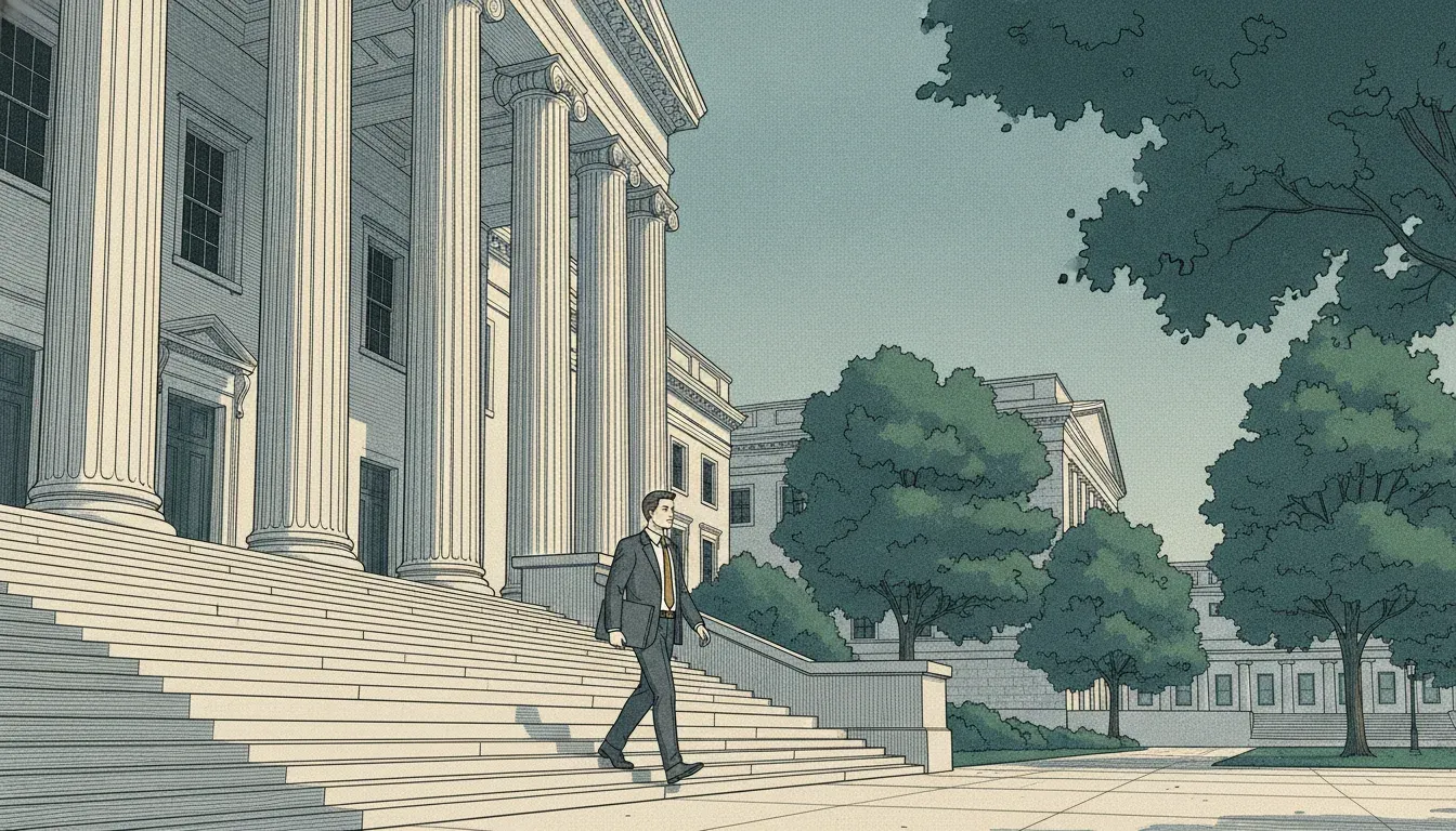 Editorial illustration of a New Jersey attorney approaching a courthouse for litigation-funding compliance review