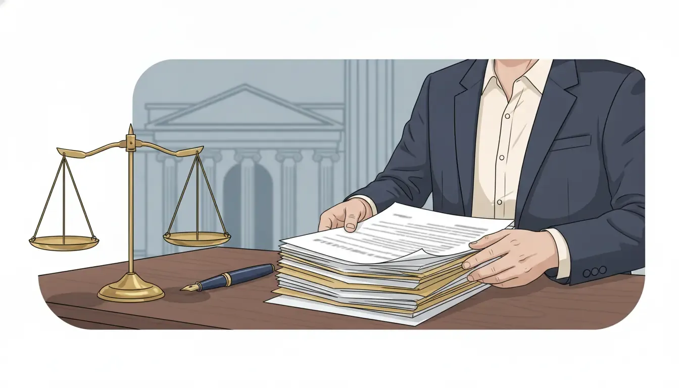 Attorney organizing case materials beside a balance scale for a client legal funding review