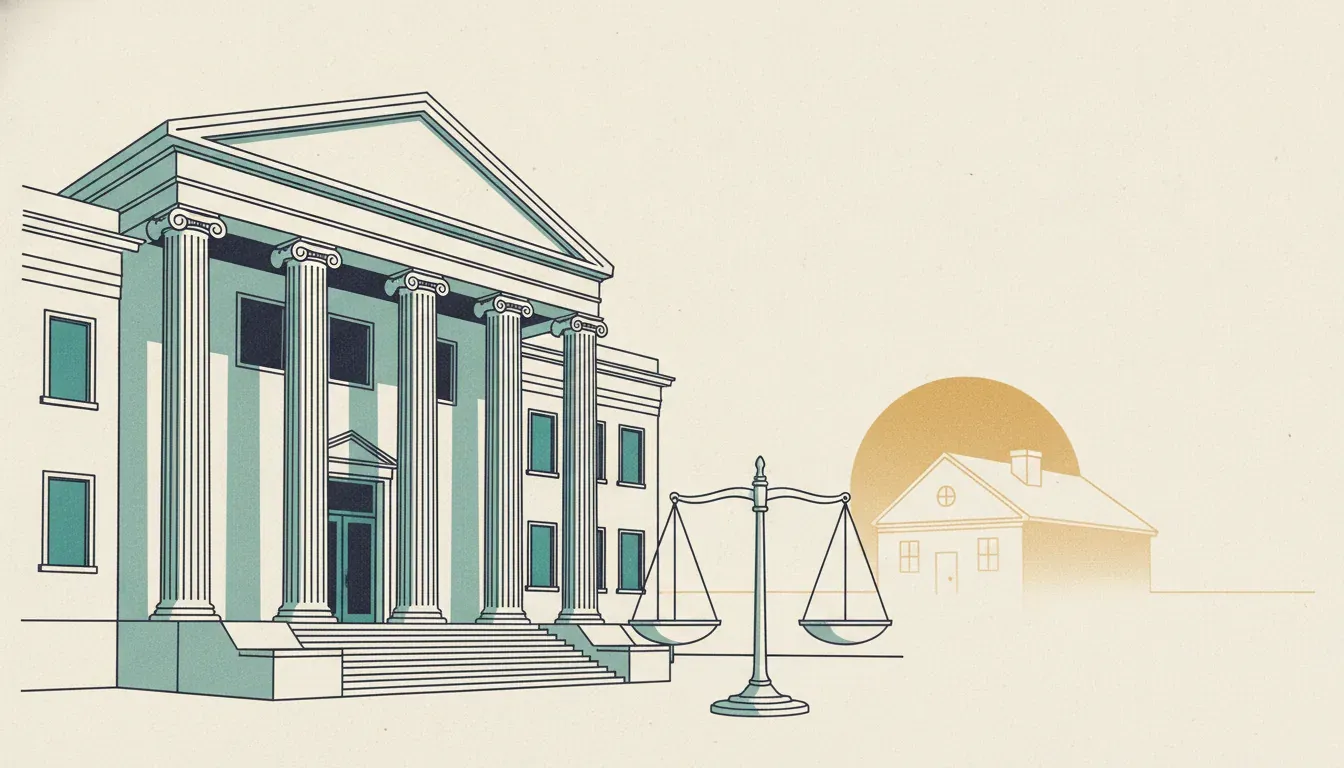 Thin-line illustration of a courthouse, balanced justice scale, and home representing ethical pre-settlement funding