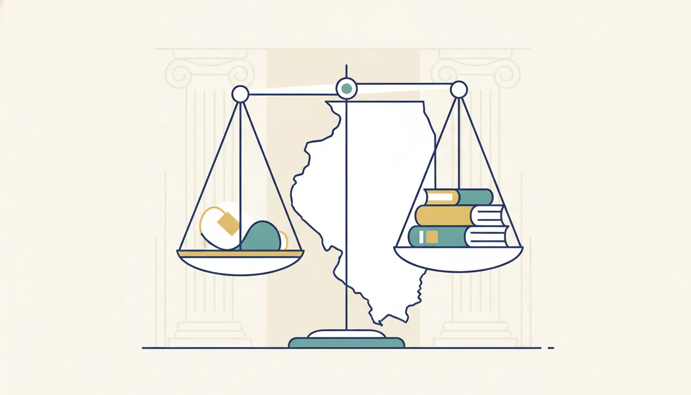 Thin-line illustration of Illinois litigation funding regulations with a balanced scale of justice and Illinois outline