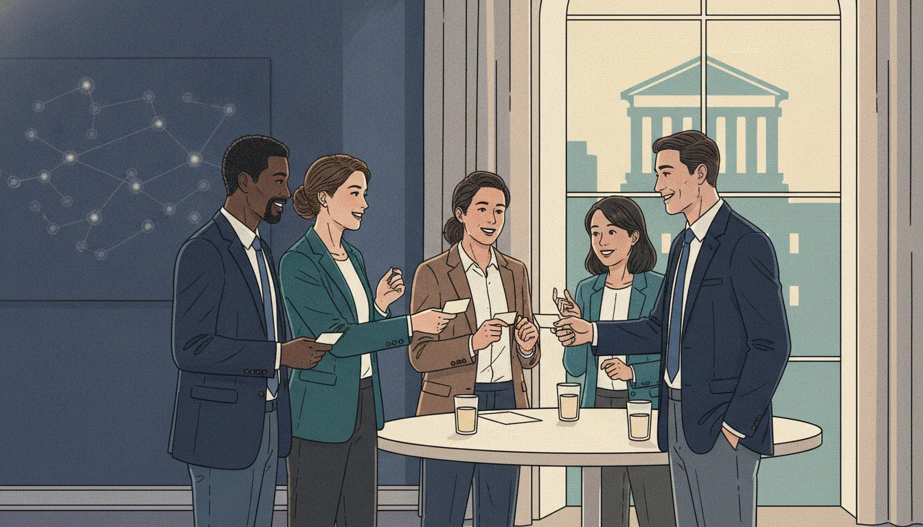 Attorneys networking at a professional law firm membership event focused on access to justice