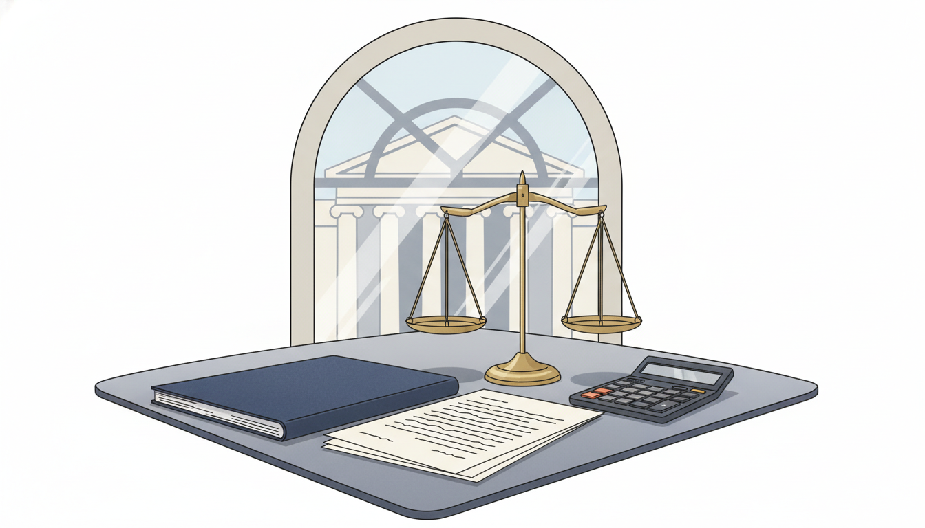 Legal folder, calculator, and balanced scales representing careful lawsuit settlement loan review