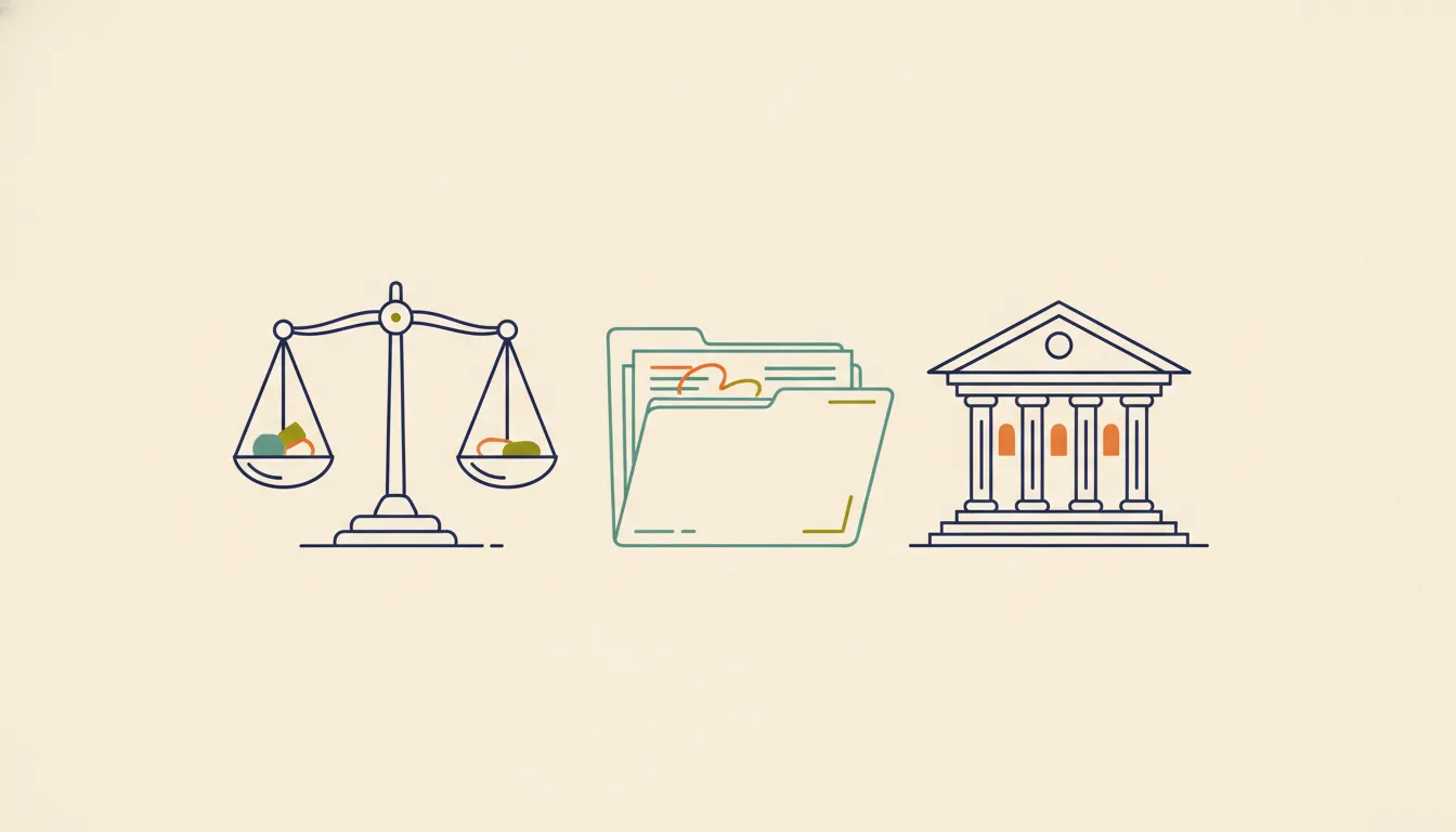 Thin-line illustration of a justice scale, case folder, and courthouse representing litigation funding disclosure rules and transparency