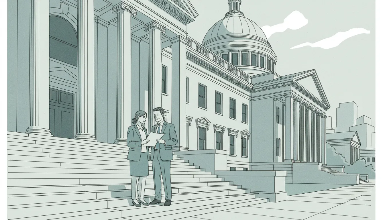 Thin-line editorial illustration of legal professionals discussing a case outside a Massachusetts courthouse