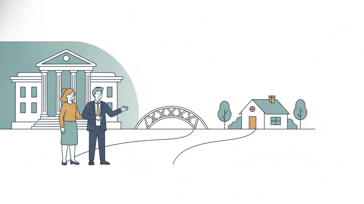 Attorney and client crossing a bridge from the courthouse toward life after settlement