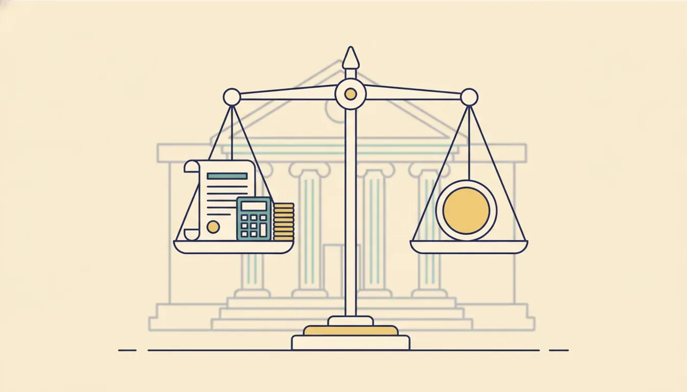 Balance scale with a settlement document, calculator, and coins representing transparent pre-settlement funding costs