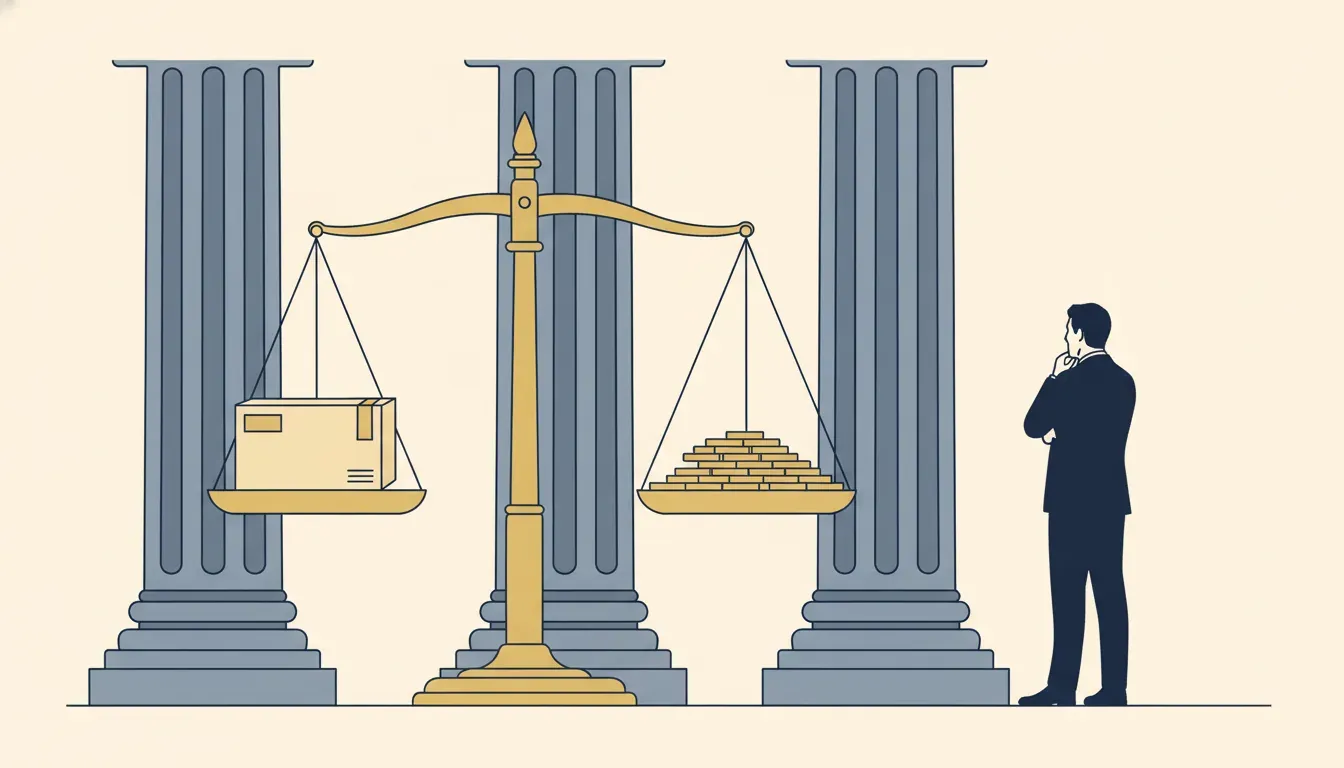 Thin-line illustration of a balanced scale of justice, consumer product, courthouse columns, and attorney representing accountability in product liability litigation funding