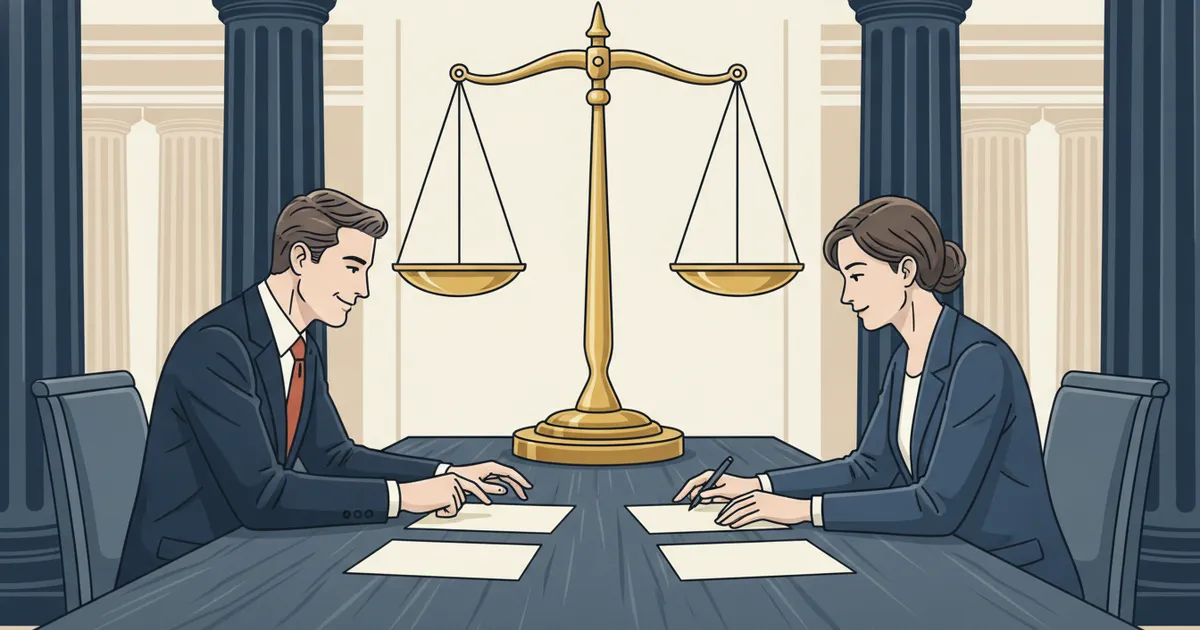 Texas attorney and plaintiff reviewing transparent litigation funding terms beneath a balanced justice scale