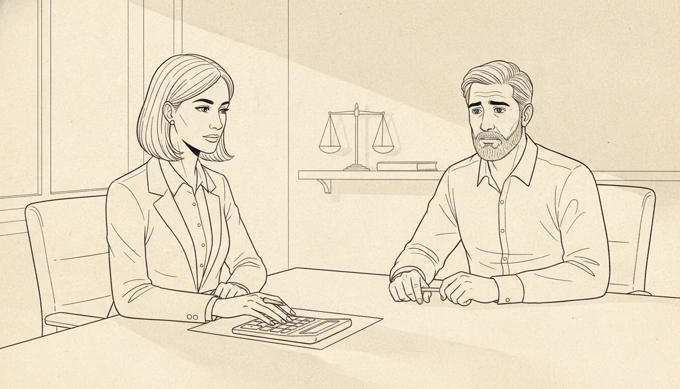 Attorney and client reviewing a funding agreement at a conference table