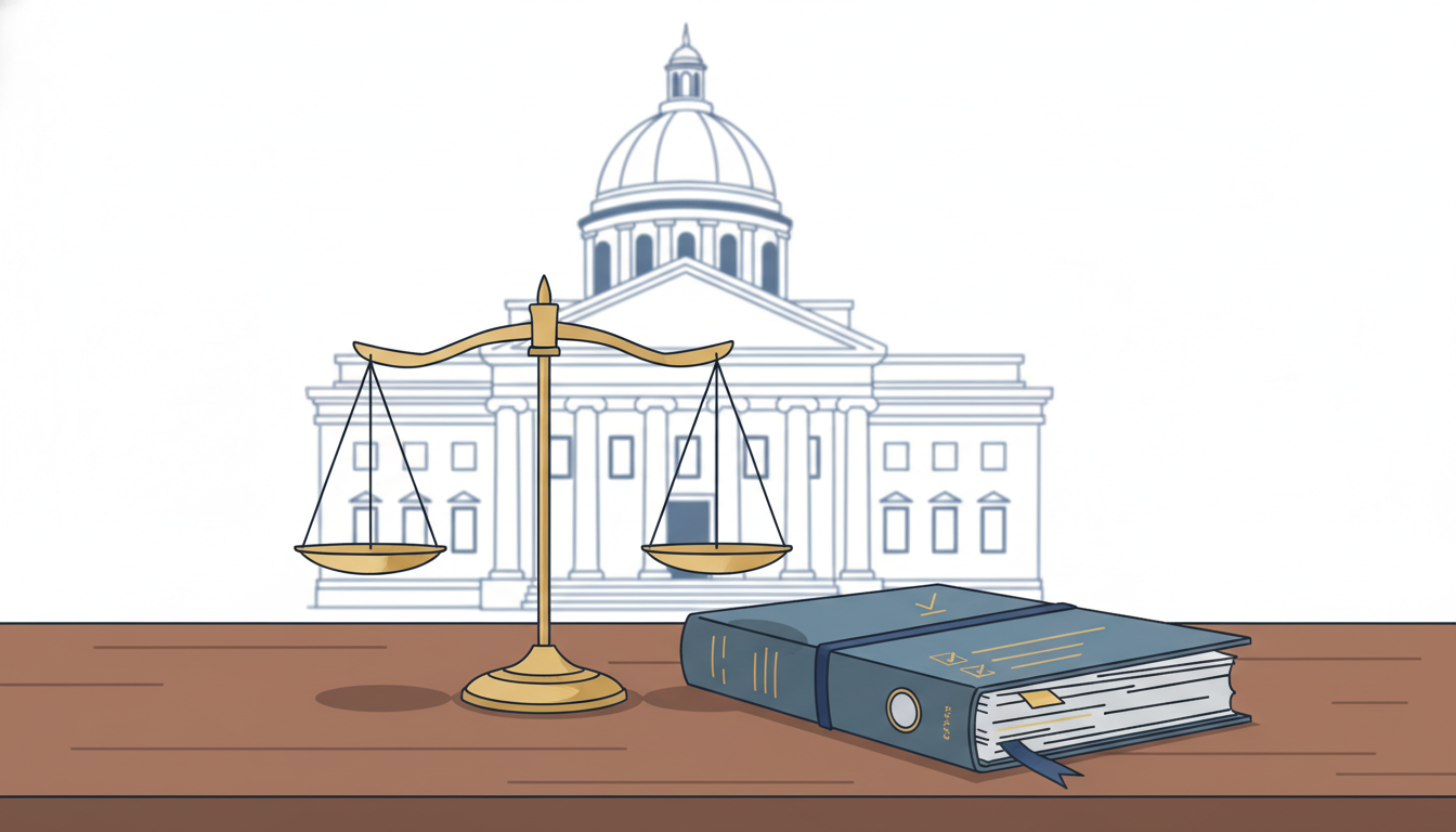 Courthouse, scale of justice, and organized case file representing litigation funder case evaluation