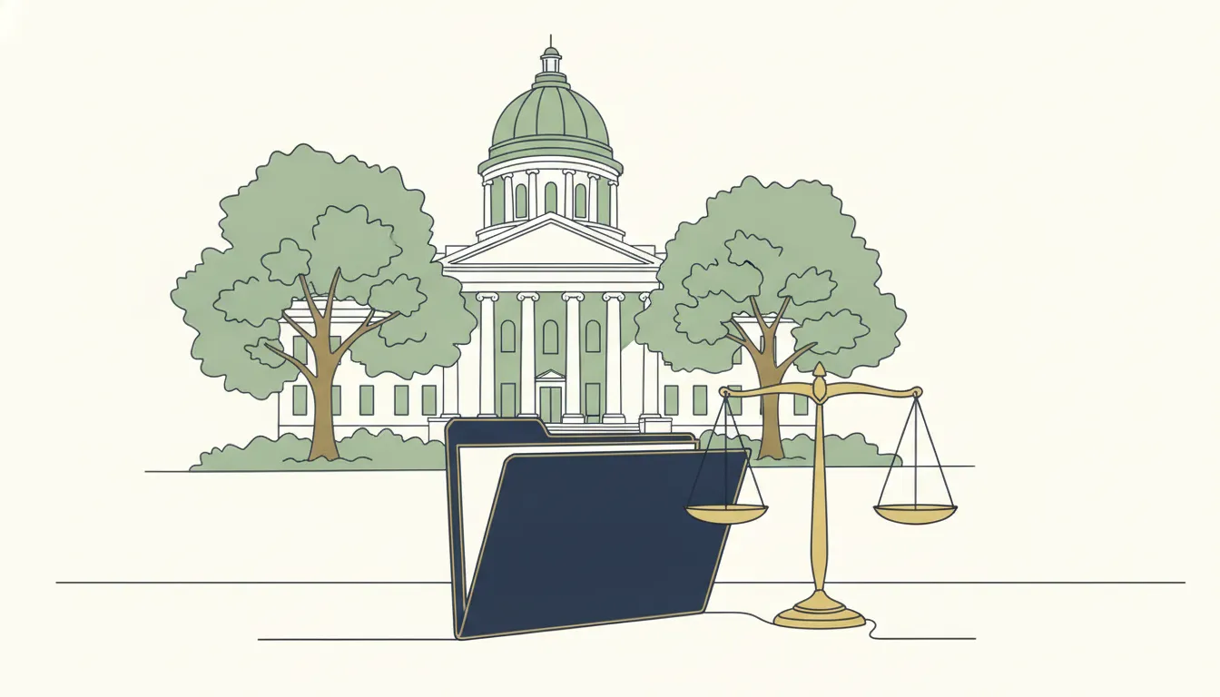 Mississippi courthouse, legal folder, and balanced scale representing litigation funding regulations
